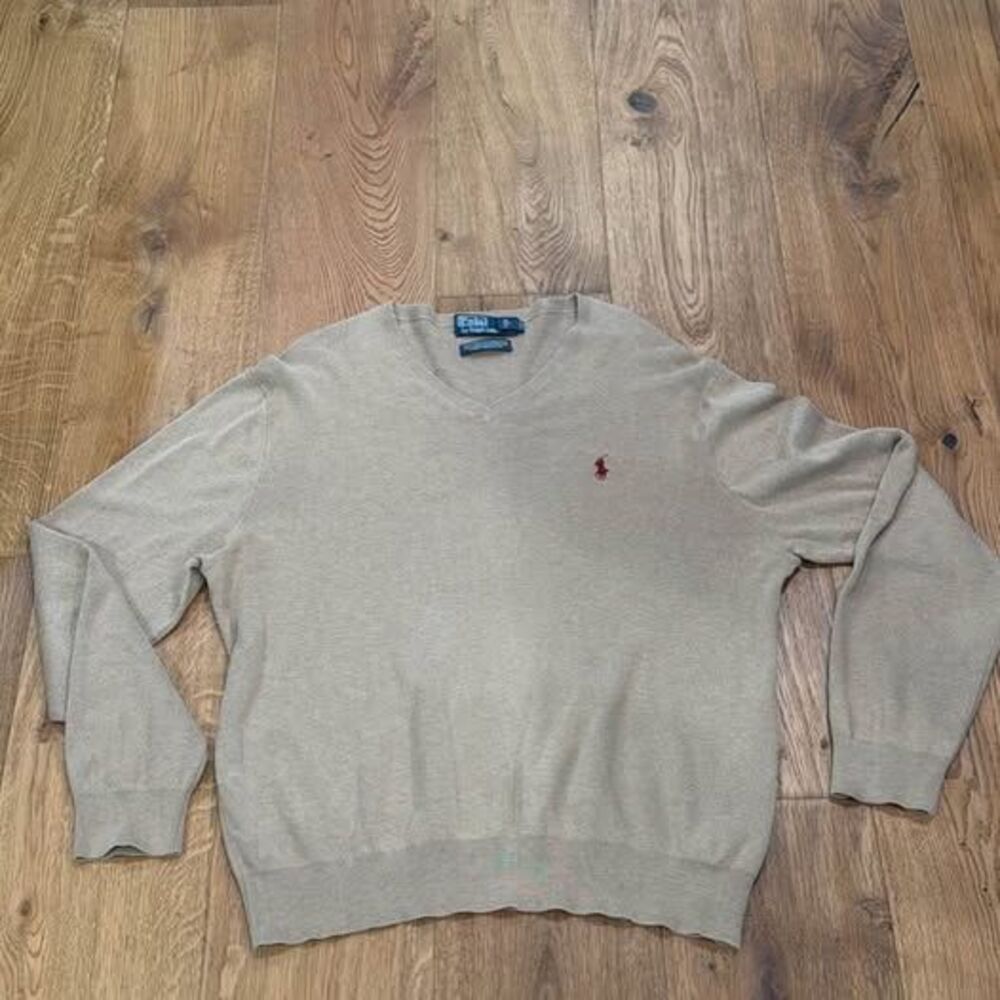 Polo Ralph Lauren Pima Cotton V-Neck Sweater Mens XL Tan Beige Red Pony Knit